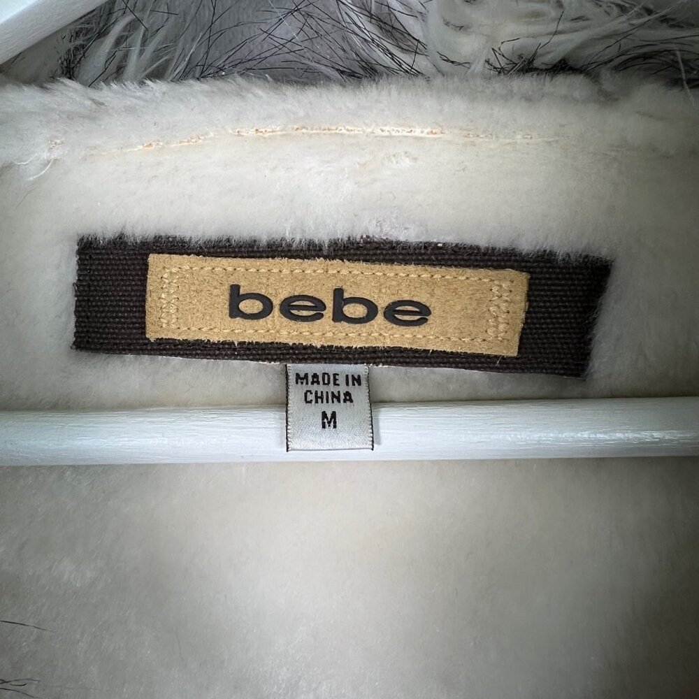 Y2K Bebe Ivory Faux Suede M Fur Trim Hooded Long Penny Lane Style Coat 2000s - Picture 3 of 16